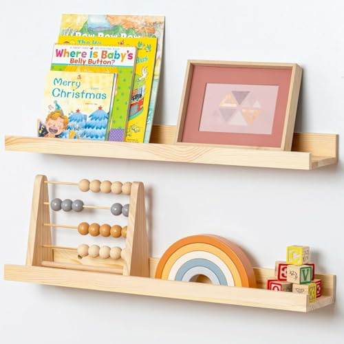 ShunpuBF Wandregal Holz,40cm Rustikale Wandregal Kinderzimmer mit Lippe 2 Stück Gewürzregal Wand für Schlafzimmer, Wohnzimmer, Bad, Küche, Bücherregal Wand(Natural)