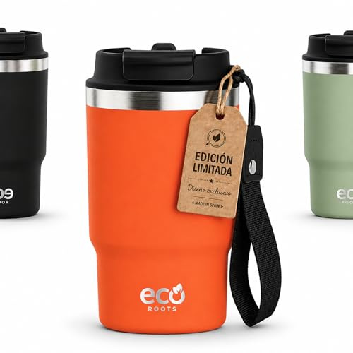 ECOROOTS Thunder - Botella Térmica 470 ml con Tapa 3 en 1 y Pajita | Termo Agua Acero Inox. Sin BPA | Vaso Café para Llevar a Oficina, Viajes, Deporte y Naturaleza | Apto Lavavajillas (NARANJA MARS)