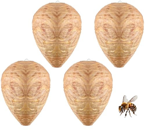 4 Pack Wasp Nest Decoy 22 x 28cm, Small Fake Fabric Wasp Nest Decoy Deterrent Outdoor Hanging Wasps Hornet Repellent Artificial for Home Garden Outside Balcony Patio Roof Eaves Dense Crowns(Brown)