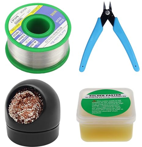 0.8mm Lötzinn 50g, Kolophonium Lötflussmittelpaste,Drahtschneiderzange,Lötkolbenspitzenreiniger,4-teiliges Bleifreier Lötwerkzeugset, Lötkolben Hilfszubehör Kit für Elektrischen Lötkomponenten