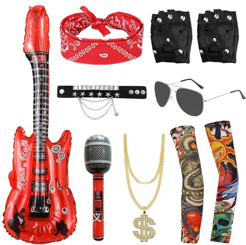 Boyigog Punk Rocker Party Costume Set Rock Star Retro Fancy Dress Gothic Costume Set Retro Sunglasses Hip Hop Gloves Bandana Inflatable Guitar Bracelet, 80s 90s Heavy Metal Rocker Disco Costumes