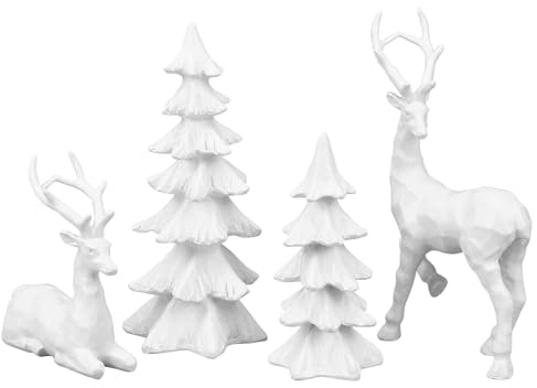 2 Pcs Christmas Tree Figurines and 2 Pcs Christmas Reindeer Figurines, White Tabletop Christmas Decorations Resin Christmas Tree and Elk Statues for Table Centerpieces Desk Shelf Fireplace Decor