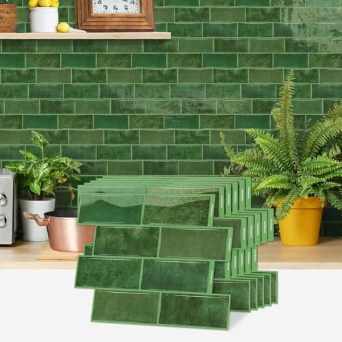 indabyo 10 Sheets Marble Effect Tile Stickers Stick on Tiles Backsplash | Kitchen Bathroom Wall Self Adhesive Vinyl Waterproof Peel and Stick Tile Covers Decals (Green)