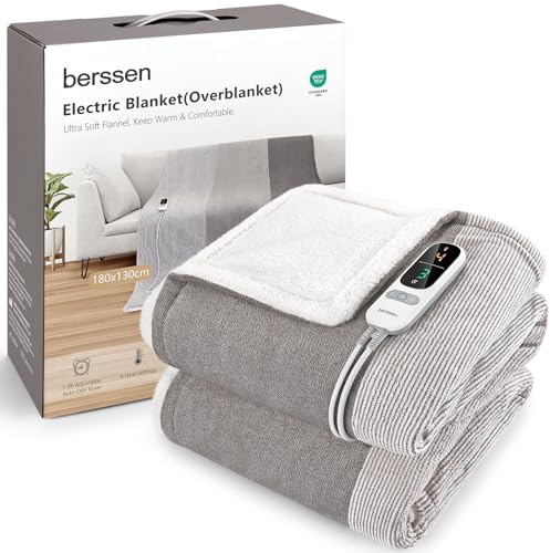 berssen Coperta Elettrica con Spegnimento Automatico, 6 livelli di Riscaldamento, 1–9 Ore, Protezione da Surriscaldamento, Coperta Elettrica per Casa e Ufficio, 130 x 180 cm