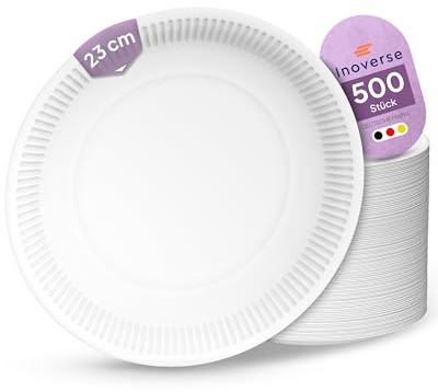 Inoverse Pappteller 500 Stück Rund 23 cm Weiß, Einwegteller aus Pappe | Stabil Umweltfreundliche Papierteller, Kuchenteller, Einweggeschirr, Partygeschirr, für Kita, Snacks, Feiern, Veranstaltungen