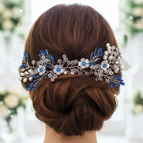 Flayem Haarschmuck Hochzeit Blau, Braut Kristall Blatt Stirnband, Strass Kopfschmuck