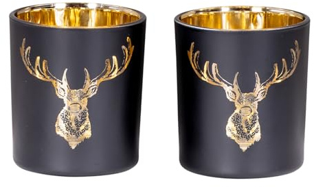 levandeo 2er Set Teelichthalter Schwarz Gold Hirsch Glas Kerzenhalter Tischdeko Weihnachten Kerzen Deko Wohndeko Kerzenglas