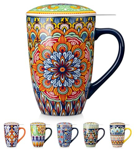 vancasso Teetasse mit Deckel und Sieb, 540ml Keramik Teetasse Groß, Schöne Tassen mit Siebeinsatz Für Losen Tee, Spülmaschinen- & Mikrowellenfest, Teebecher Geschenke Für Teeliebhaber