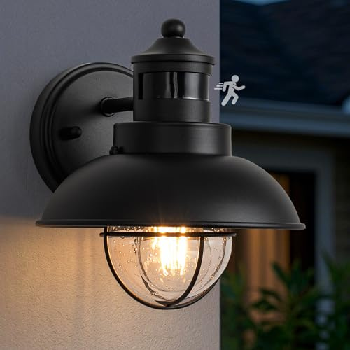 FTL Motion Sensor Outside Wall Light with Seeded Glass, Dusk Till Dawn Outdoor Lighting, Front Door PIR Retro Porch Wall Lantern Barn Light, Black Exterior Security Sensor Sconce for Patio, IP44