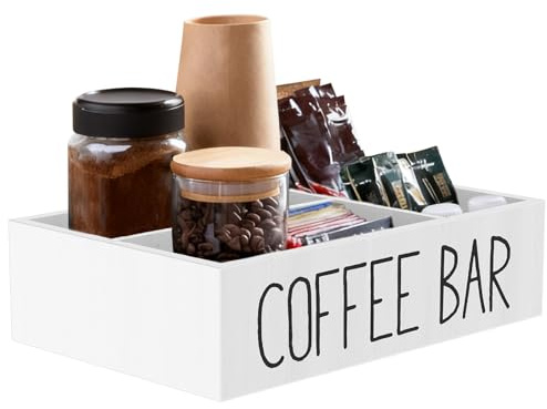 YUNYOUC Coffee Station Organizer, 4 Compartments Coffee Condiment Storage, Wooden Kitchen Storage Shelf for Sugar, Creamer, Tea, Bar Accessories Caddy for Home, Office(White)