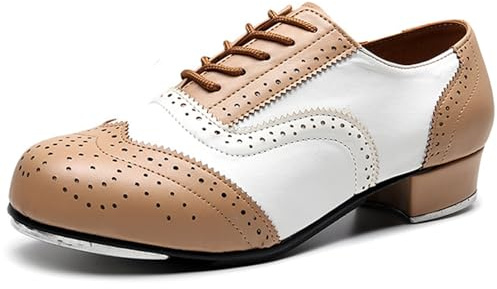 Hiuzylqx Herr Steppskor Läder Låg Klack Brogue Snörning Dansskor Bekväma,White brown,43 EU