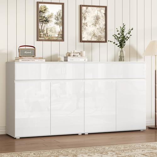 SVEYLXA Weiße Hochglanz Küchenschränke,160cm Breit Sideboard, Schrank mit 2 Schubladen und 4 Türen,Sideboard für Küche Wohnzimmer Esszimmer weiß 160x80x40 cm