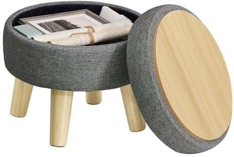 SONGMICS Storage Ottoman, Foot Stool, Round Ottoman with Padded Seat, Foot Rest with Wood Legs, Small Table, for Hallway, Living Room, 12.2 Inches, Linen-Look Fabric, Slate Gray ULOM514GN01