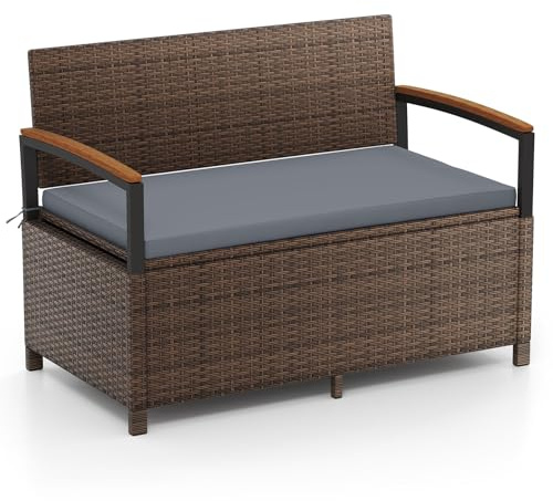 COSTWAY Gartenbank Polyrattan mit Stauraum und Kissen, wetterfeste Truhenbank, 2-Sitzer Balkonbank mit integrierter Kissenbox, Sitzbank für Garten, Balkon, Terrasse, 120 x 61 x 84 cm (Grau)