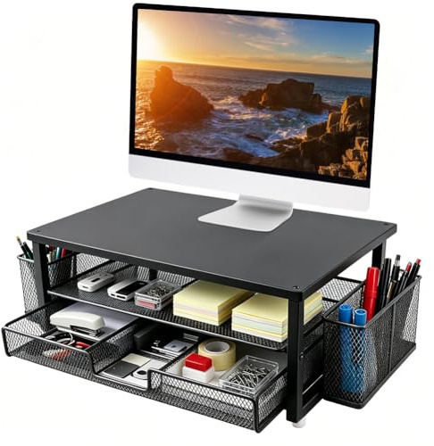 Support de moniteur, rehausseur de moniteur pour bureau avec tiroir et porte-stylos, organiseur de bureau ergonomique à 2 niveaux, support de bureau stable pour ordinateur portable, PC, imprimante