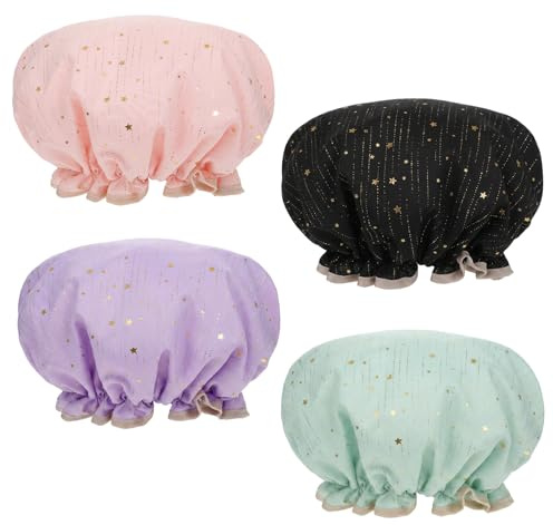 Yuanchu 4 Packs Large Shower Caps for Women, Waterproof Shower Cap Double Layers Reusable Hair Bonnet Caps with Scrunchies for Long Thick Hair (Black, Pink, Purple, Green)