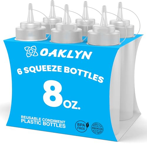 Oaklyn Squeeze Bottles 8oz 6 Pack - Reusable Condiment Bottles for Sauces Liquids BPA-Free Leak Proof Design, Easy to Clean Plastic Squeeze Bottles with Nozzle