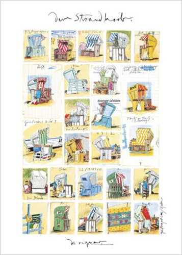 empireposter Gerke, Sabine - Der Strandkorb - Kunstdruck Artprint Zeichnung Strandkörbe - Grösse 50x70 cm + 2 St Posterleisten Holz 61 cm