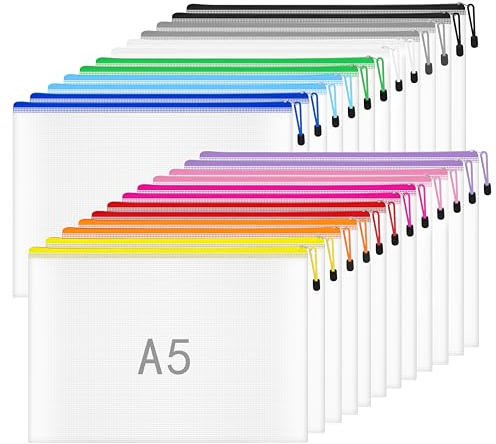 A5 Plastikmappen - 24 Stück Plastikmappen Dokumentenmappen A5 Druckverschlussbeutel Plastiktaschen mit Reißverschlusstasche für Schule, Büro, Zuhause | Dokumentenmappe A5 Dokumententasche A5 mit Reißverschluss für Schule, Büro, Zuhause
