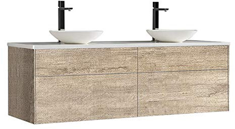 StoneArt Badmöbel Set Mineralguss Waschbecken Waschschale Aufsatzwaschbecken und Unterschrank Waschtisch Einzel- oder Doppelwaschbecken Venice VE-1600pro-2 Eiche hell 160cm