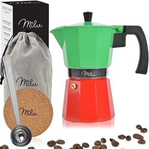 Milu Espressokocher (No Induktion) | 2, 3, 6, 9 Tassen | Aluminium Mokkakanne, Espressokanne, Espresso Maker Set inkl. Untersetzer, Löffel, Bürste (Italia, 9 Tassen (400ml)