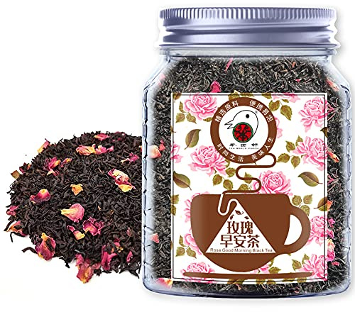 Plant Gift Rose Good Morning Black Tea, Té negro de Ceilán de hojas sueltas, pétalos de rosas rojas dobles, té caliente y helado, natural, con sabor, 70 g/2,5 oz