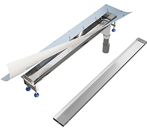 Aquabad Duschrinne SDS Premium aus poliertem V2A Edelstahl, Länge 90 cm, senkrechter Abgang Seite, Ablaufrinne mit Blende: Bord, Siphon und Haarsieb