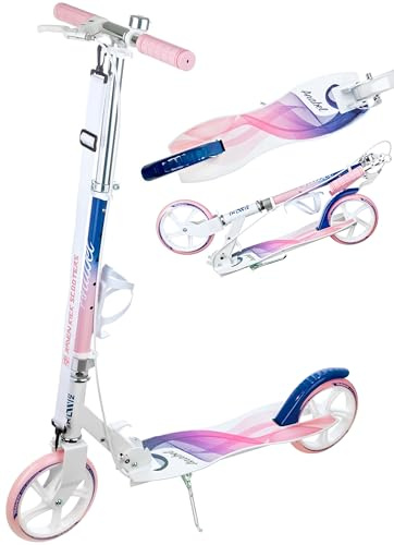 RAVEN – stuntscooter, sparkcykel – sparkcykel för barn och vuxna – hopfällbar, höjdjusterbar, bärrem, ringklocka, flaskhållare – Anabel Navy/Pink med Handbroms, 200 mm