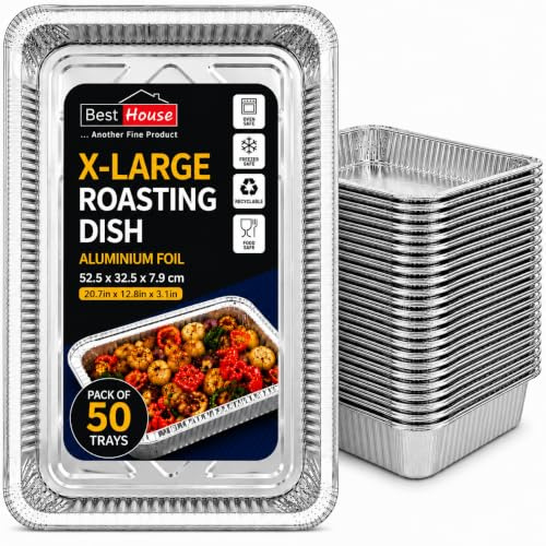 BH | X-Large Aluminium Foil Baking Trays | 52.5 × 32.5 × 7.9 cm | 50 Pack | Heavy-Duty, Oven Safe, Recyclable, Disposable Roasting Pans for Baking, Cooking, Catering & Food Preparation