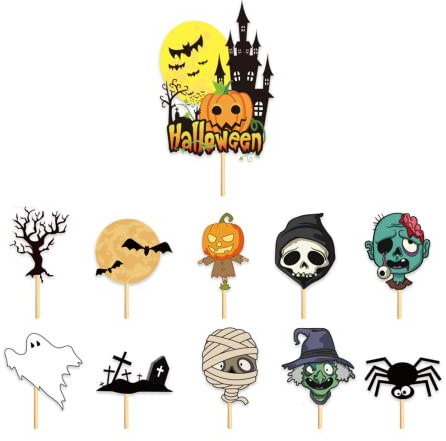 POPOYU 11 Pcs Halloween Cake Toppers: Ghost, Pumpkin, Spider, Haunted House; Multicolored; Perfect for Halloween Party