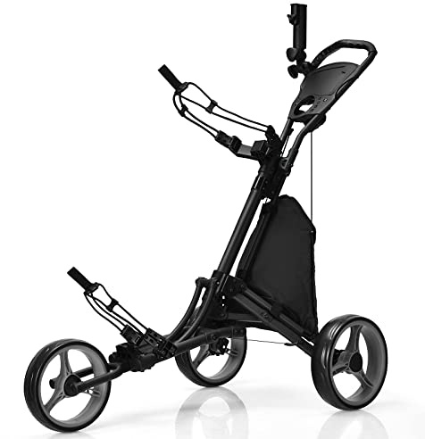 COSTWAY 3 Wheels Golf Push Cart, Quick Fold Golf Walking Push Cart, Golfbag Hållare med Tin Folie Belagd förvaringsväska, Elastiskt bälte, Justerbart Paraply & Cup Hållare, Resultattavla Förvaringsfack & Fotbroms, Golfvagn För Golfklubbor (grå)