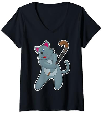 Damen Katze Feldhockey Feldhockeyschläger Sport T-Shirt mit V-Ausschnitt