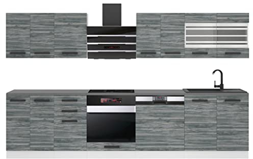 BELINI | Küchenzeile Küchenblock Lucy - Küchen-Möbel 300 cm | Küche komplett ohne Elektrogeräten mit Hängeschränke und Unterschränke | Mit Arbeitsplatten | Glamour Wood