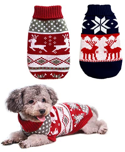 Vehomy 2Pcs Haustier Weihnachtspullover Katze Pullover Kätzchen Strickwaren Hund Weihnachten Kleidung Weihnachten Rot Pullover mit Rentieren Schneeflocken Muster für Kätzchen Katze Welpe Hund M