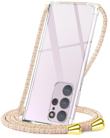 CAROKI Clear Crossbody Phone Case Compatible with Samsung Galaxy S23 Ultra with Adjustable Neck Strap, Slim Protective Cover & Durable Lanyard Holder for Samsung S23 Ultra (Rainbow)