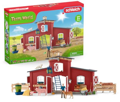 schleich FARM WORLD | Große rote Farm mit Bauernhaus 42606 | Set inkl. Haus, Bauer, Kuh, Schwein, Katze, Maus & Zubehör | detailgetreues Bauernhof Spielzeug für Mädchen & Jungen ab 3 Jahren | 92 Teile