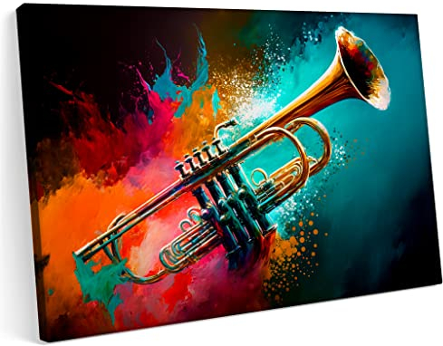 Printonia Bilder Leinwandbild 120x80cm Trompete Musik Sound Konzert Abstrakte Farben Art Art Neon Graffiti