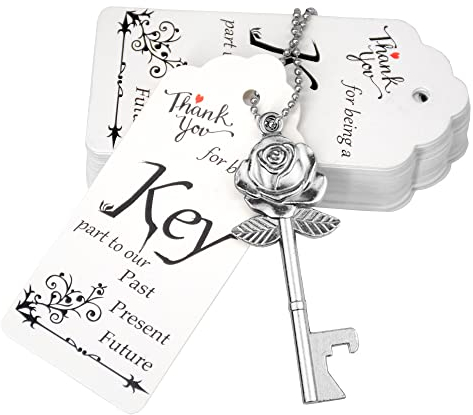 Aokbean 100 Pezzi Chiave Apribottiglie Bomboniera Rosone a Forma di Set per Battesimo/Matrimonio/Festa con Biglietto di Ringraziamento e Catenina (Antico Argento)