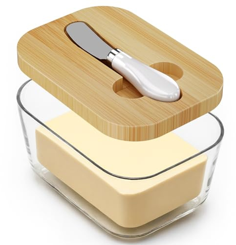 XCC - Mantequera con tapa para encimera, recipiente de mantequilla de vidrio con cuchillo doble sello de silicona de alta calidad, soporta 1 libra de mantequilla, apto para lavavajillas, decoración de