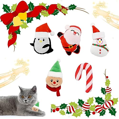 5 Stück Weihnachten Katzenminze Katzenspielzeug Katzenminze Plüschtiere Interaktives Katzen Katzenminze Spielzeug Weichem Plüsch Schneemänner Santa Haustier Spielzeug Katze Kauspielzeug Kissen Kauen