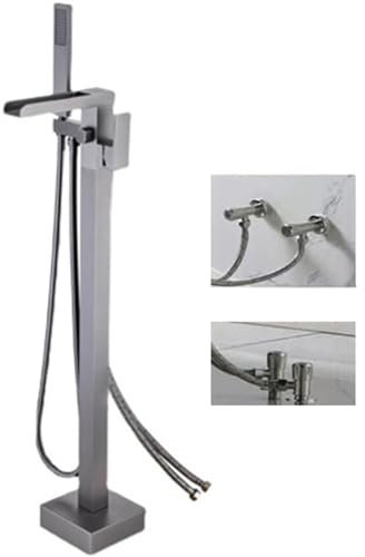 BiaoTeng Badewanne Freistehend Mit Armatur Wasserfall 360° Drehbarer Einhebelmischer 2 Funktionen Messing Wasserhahn FüR Freistehende Badewanne, Grau