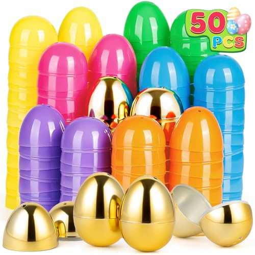 Jumlys 50 PCS 2.4 Plastic Easter Eggs, 42 PCS Empty Easter Eggs Bulk with 8 Golden Eggs, Fillable Eggs with Hinge, Perfect for Easter Hunt, Basket Stuffers Fillers and Easter Theme Party Favors