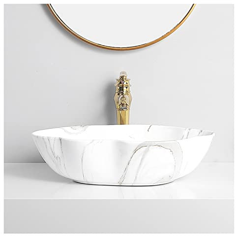 Aufsatz-Waschschale Keramik-Badezimmer-Waschbecken mit Marmorstruktur, ovales Kunst-Waschbecken über der Theke mit goldenem Wasserhahn und Abfluss Waschtisch (Color : B)