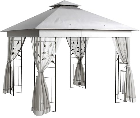 Outsunny 3(m) x 3(m) Garden Gazebo, Double Roof Outdoor Gazebo Canopy Shelter with Netting, Solid Steel Frame, for Garden, Lawn and Deck, Light Grey