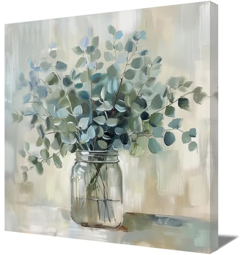 ZQQART Flower Canvas Prints Wall Art Green Eucalyptus Leaves Botanical Picture Watercolor Leaf Glass Vase Painting for Kitchen Bathroom Home Decor (Eucalyptus Flower,18.00 x 18.00)