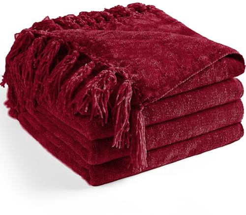 LONG CREATE Chenille filt för soffa 152 cm x 203 cm tvilling, mjuka mysiga överkast med frans tofs för säng soffstol, lätt stickad dekorativ bondgård boho-filtar som gåva, röd