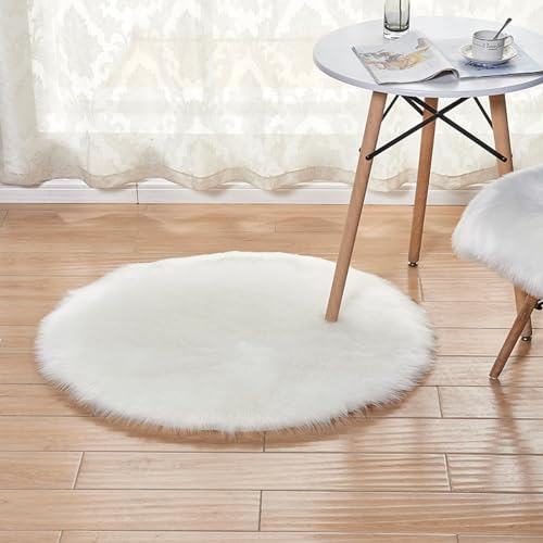 YUGWNN Weiß Flokati Teppich Waschbar Bettvorleger Fell,Kunstfell Stuhlauflage Dekofell,Runder Durchmesser 90cm/35,4in