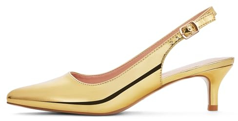 GENSHUO Scarpe col Tacco Basso da Donna con Cinturino Posteriore, Eleganti, a Punta, Chiuse, con Cinturino alla Caviglia, comode e Formali, da Sposa, Vernice Oro, 40 EU
