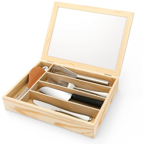 Baderke Silverware Storage Box with Lid Kitchen Drawer Organizer Utensil Organizer with Lid 5 Slots Wooden Silverware Storage Case Silverware Container Tray for Kitchen Cutlery Countertop