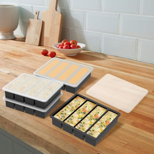 4Pcs Silicone Freezer Trays with Lid Flexible 4 Cells Soup Freezer Molds Easy Release Food Freezing Tray Food Freezing Container Ice Cube Tray for Meal Prep Soup Sauce Leftovers(Black)